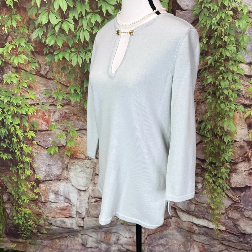 TORY BURCH Luxury Double T-Chain Detail Sage Green/Gray Wool Keyhole Sweater, S